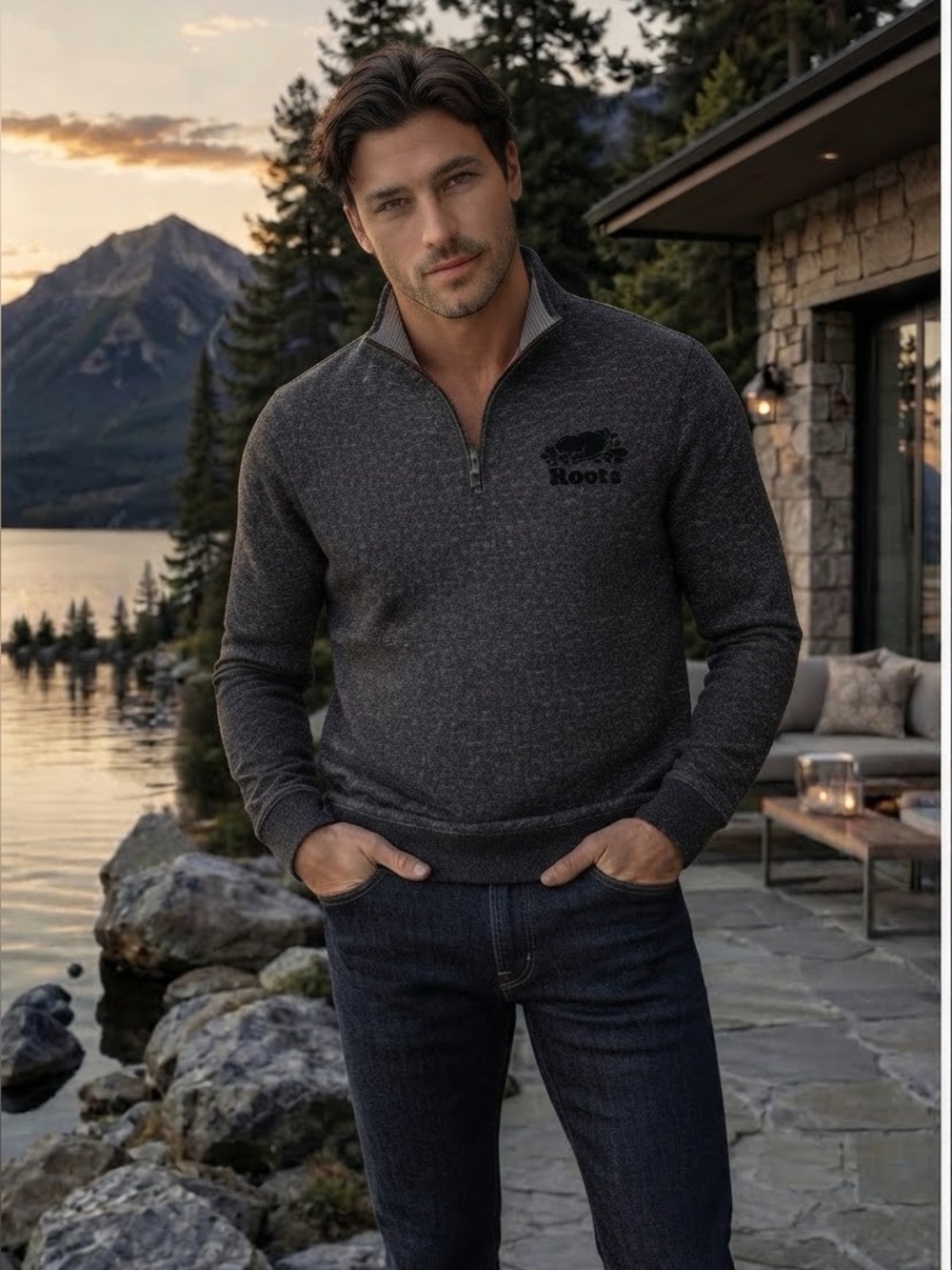 Roots Salt & Pepper Quarter Zip Mock Neck Sweatshirt Unisex Men's S Women's M